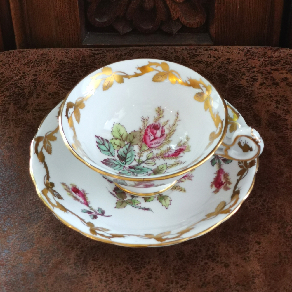 Floral Teacup and Saucer with Gold Accents